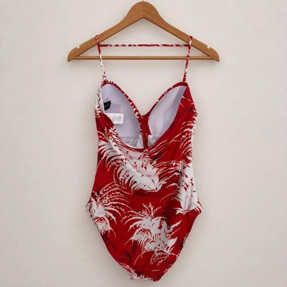 La Blanca Go Bold Bandeau One Piece Swimsuit Sz 10 Red White Palm Tummy Control
